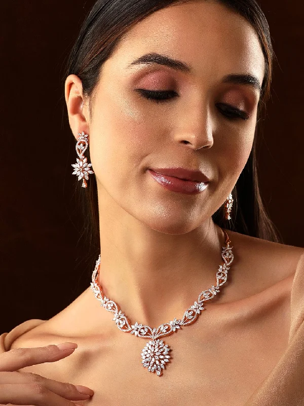 Lone pearl necklace-Rubans Rose Gold Plated Handcrafted Zircon Stone Studded Floral Necklace Set