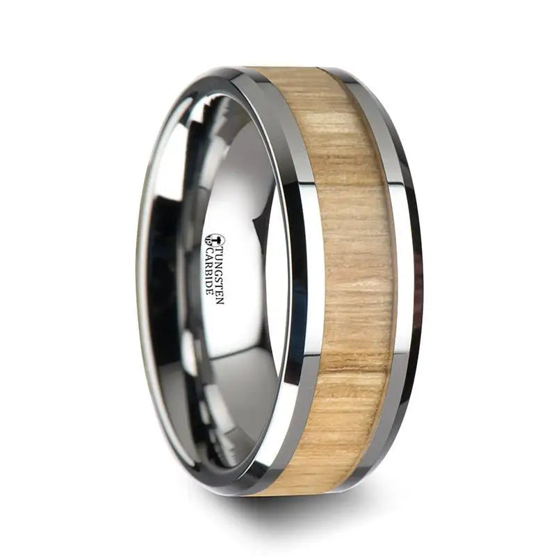 Stem-twist ring-SAMARA Tungsten Ring with Polished Bevels and Real Wood Ash Wood Inlay