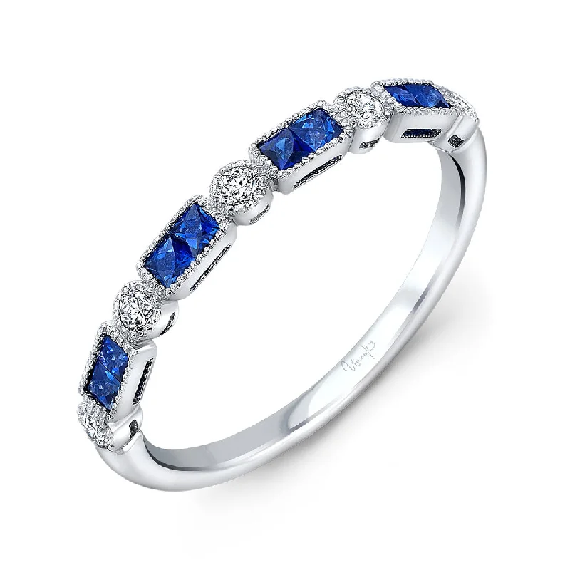 Smooth-cut ring-Sapphire & Diamond Milgrain 14K White Gold Halfway Band