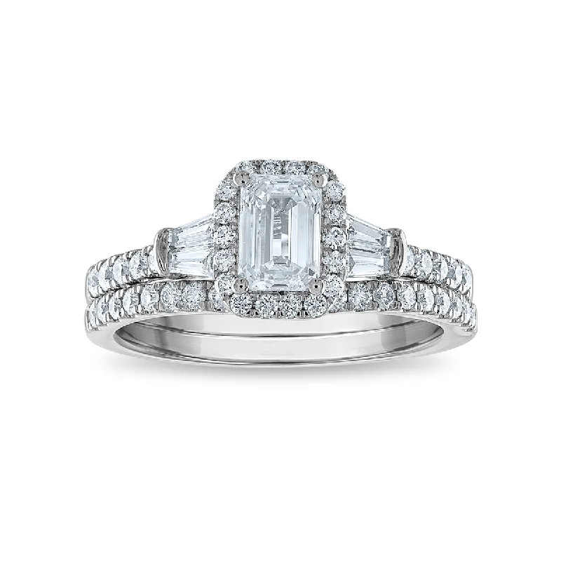 Light-etched ring-Signature EcoLove 1 1/2 CTW Lab Grown Diamond Halo Bridal Set in 14KT White Gold