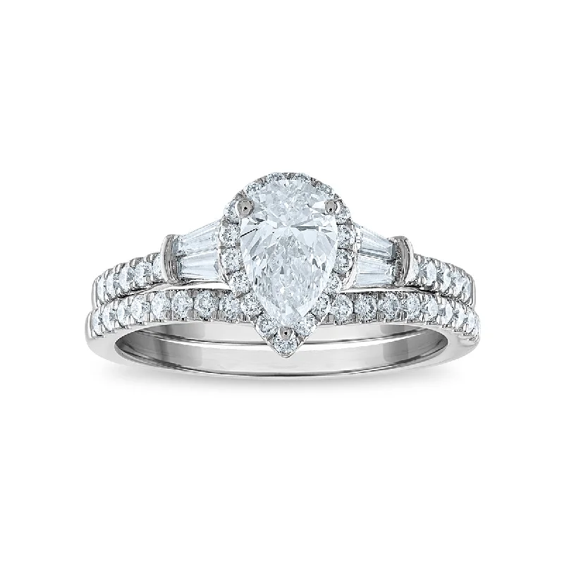 Hand-carved ring-Signature EcoLove 1 1/2 CTW Lab Grown Diamond Halo Bridal Set in 14KT White Gold