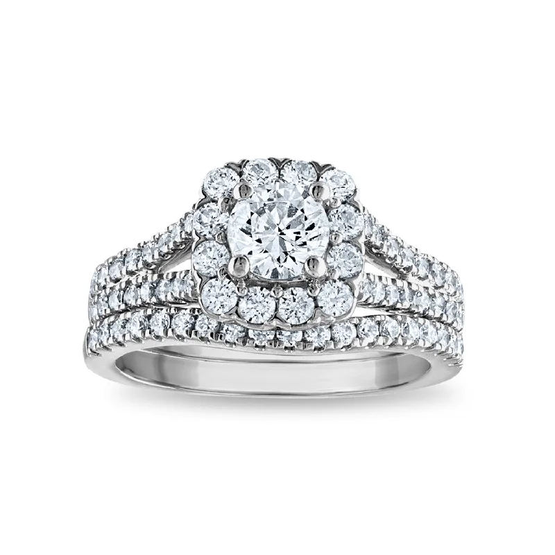 Chilly topaz ring-Signature EcoLove 1 3/4 CTW Lab Grown Diamond Halo Bridal Set in 14KT White Gold