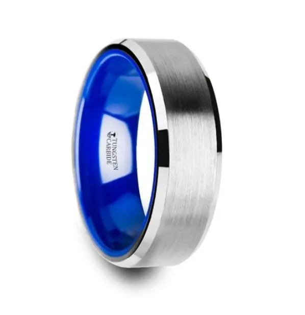 Eight-gem ring-SIRIUS Flat Beveled-Edged Tungsten Ring Brushed and Vibrant Blue Ceramic Inside