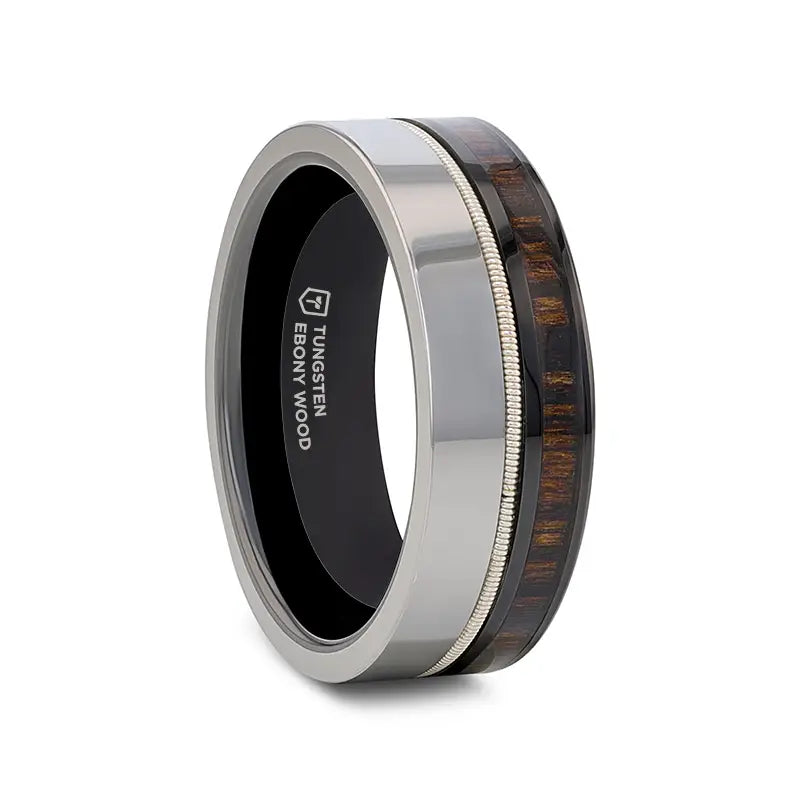 Peak motif ring-SLATE Tungsten & Ceramic with Guitar String Ebony Wood Black Ceramic Interior - 8mm