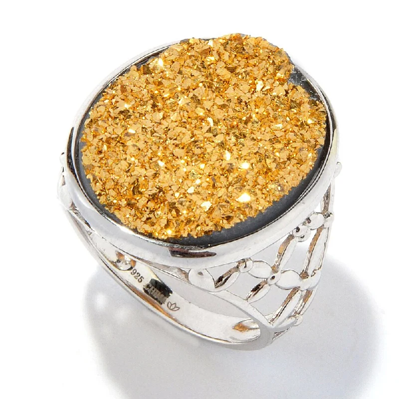 Narrow-tier ring-Sterling Silver Oval Gold Druzy Cocktail Ring