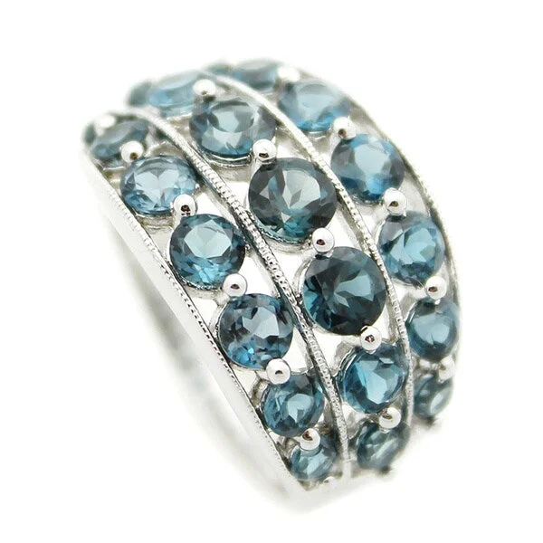 Vintage topaz ring-Sterling Silver Three-row Round-cut London Blue Topaz Ring