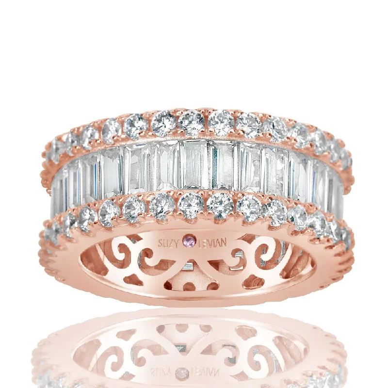 Untamed pearl ring-Suzy Levian Rose Sterling Silver Cubic Zirconia White Baguette and Round Wide Eternity Band