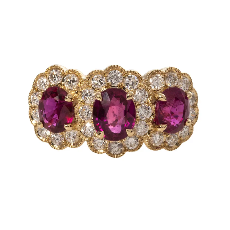 Cloud-cut ring-Three Stone Oval Ruby & Diamond Halo 14K Yellow Gold Ring