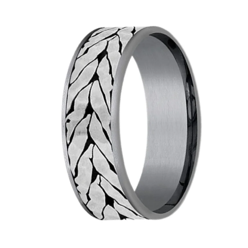 Braided fiber ring-Men's 7.5mm Tantalum and Titanium Hammered Chevron Pattern Ring