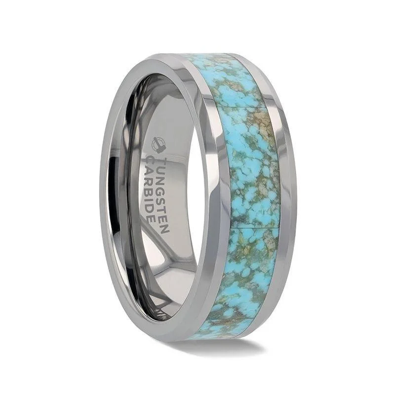 Shimmering quartz ring-TURCHESE Light Turquoise Spider Web Inlay Tungsten Ring With Beveled Edges - 8mm