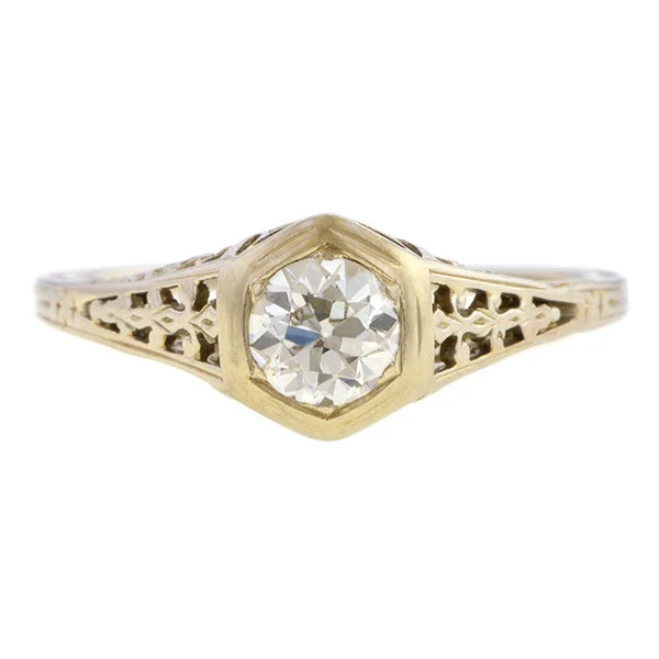 Rich gold ring-Vintage Filigree Solitaire Engagement Ring, Old Euro 0.35ct