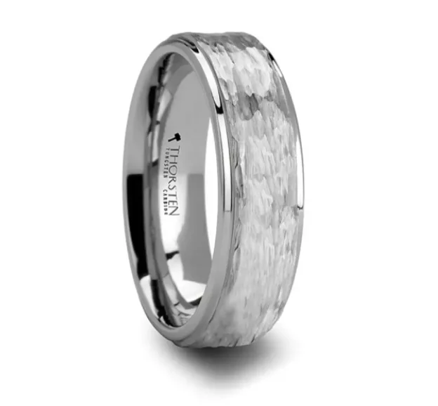 Leaning gem ring-WINSTON White Tungsten Ring Raised Hammered and Polished Step Edges 6mm & 4mm