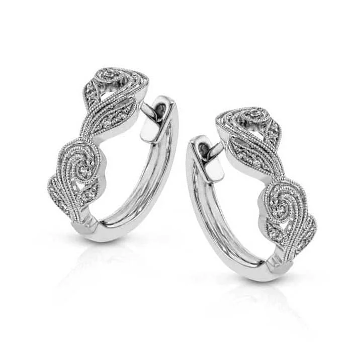 Glinting silver earrings-Simon G. Filigree Diamond Hoop Earrings in 18K White Gold