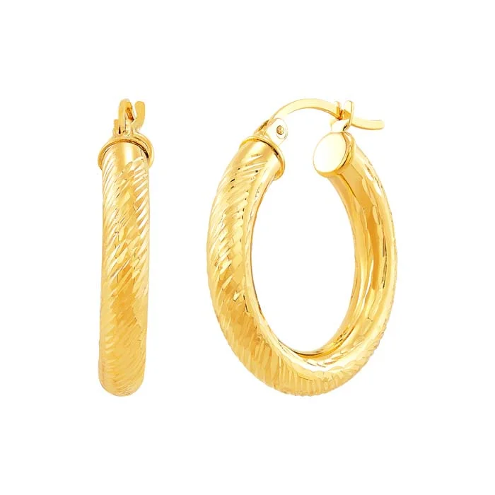 Knitted earrings-Mountz Collection Diamond Cut 4mm x 25mm Round Tube Hoop Earrings in 14K Yellow Gold