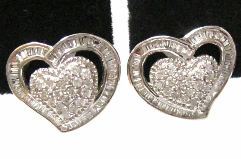 Framed hoop earrings-1.00 TCW Baguette & Round Diamonds Heart Shape Huggie Earrings 18k White Gold