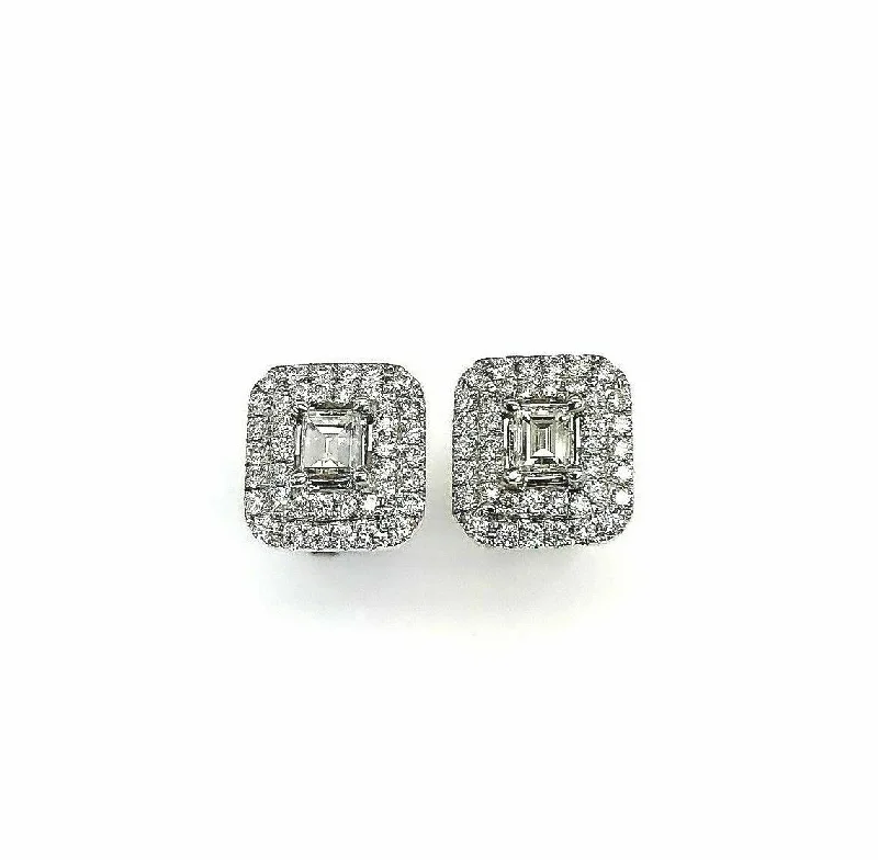 Fixed gem earrings-1.33 Carats t.w. Carre Baguette and Round Diamond Halo Earrings 14K White Gold