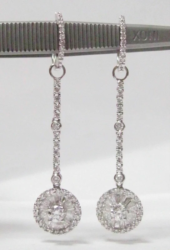 Malleable gem earrings-1.40 TCW Round & Baguette Diamonds Drop Dangling Earrings G VS2 18k White Gold