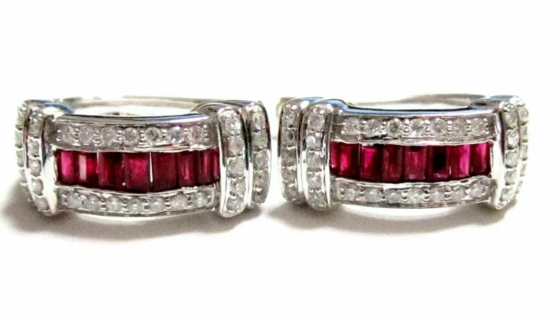 Open coil earrings-1.55 TCW Natural Baguette Red Ruby & Diamond Earrings Clip-on 14k White Gold