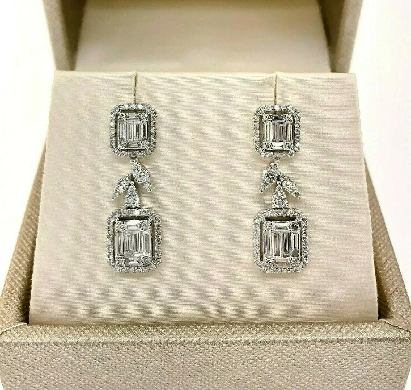 Lined hoop earrings-1.64 Carats Round and Baguette Diamond Halo Dangle Earrings 1.00 Inch Drop 18K