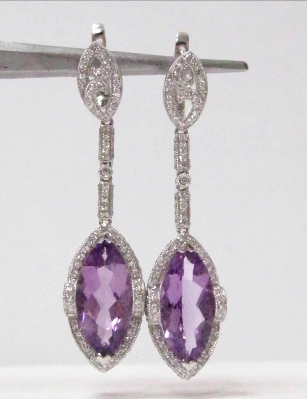 Offset design earrings-10.66 TCW Natural Marquise Purple Amethyst & Diamond Drop Earrings 14k WhiteGold