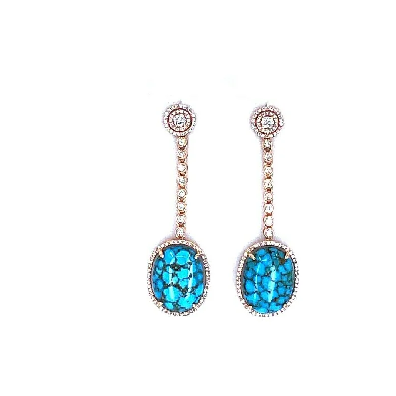 Smooth-cut earrings-13.33 CARATS DIAMOND AND OVAL SHAPE TURQUOISE DANGLING EARRINGS IN 14K ROSE GOLD