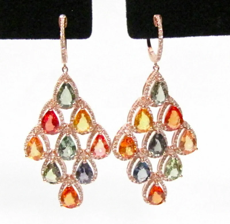 Carved gem earrings-14.70 Tcw Multi-Color Sapphires & Diamond Chandlier Earrings 14k Rose Gold