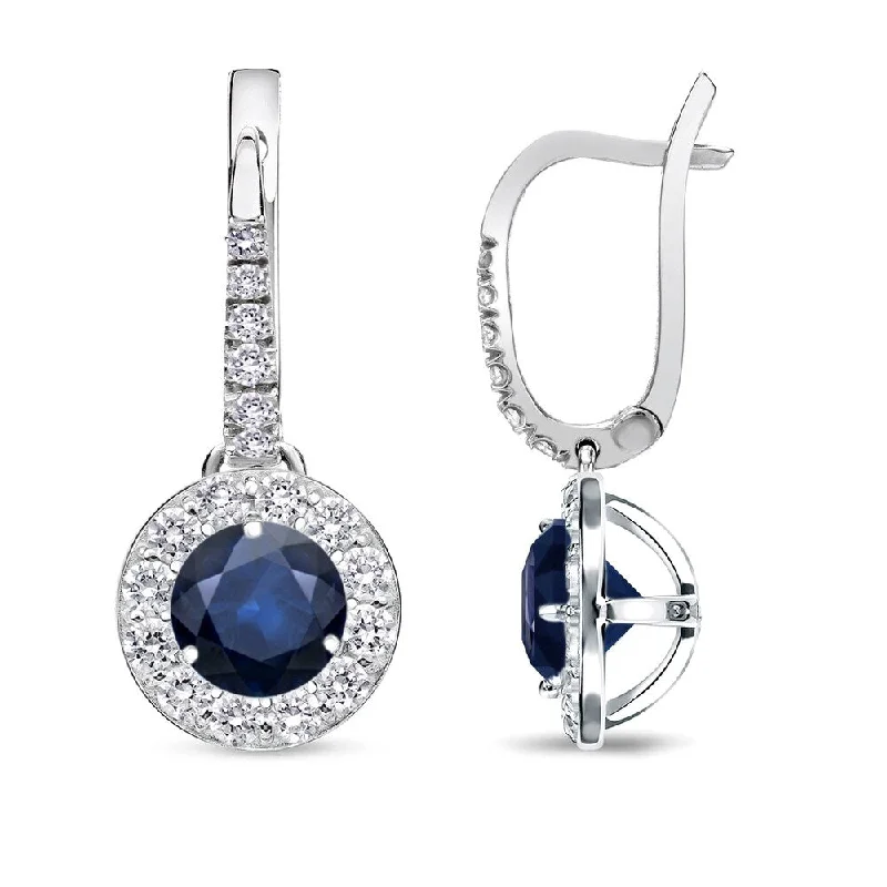 Patinated silver earrings-14k Gold Round 1/3ct Blue Sapphire and 2/5ct TDW Diamond Halo Dangle Earrings by Auriya