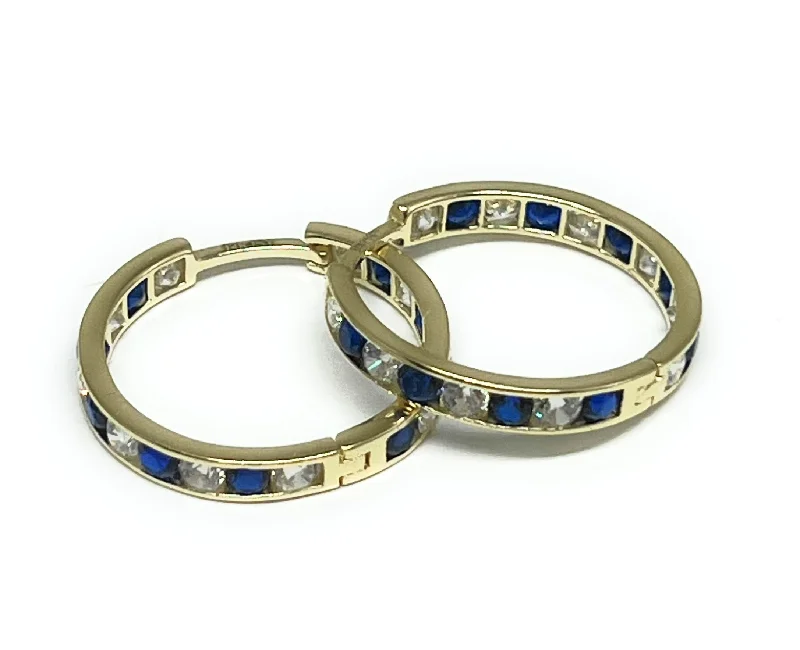 Flat-set stone earrings-14k Solid Gold Blue & White Cubic Zirconia Huggie Earrings