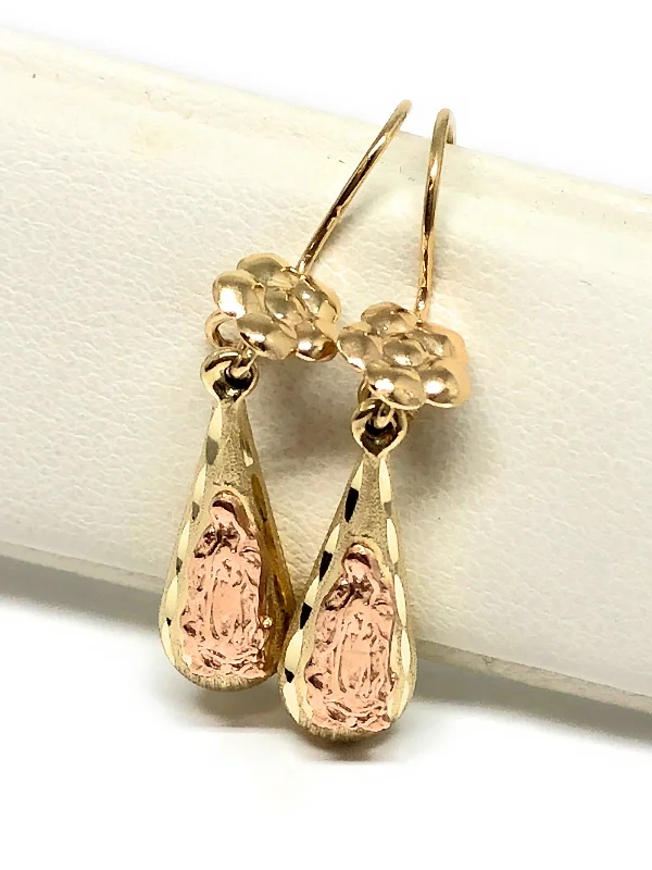 Rising bar earrings-14k Solid Gold Rose & Gold Color Virrgin Mary Flower Tear Drop Earrings