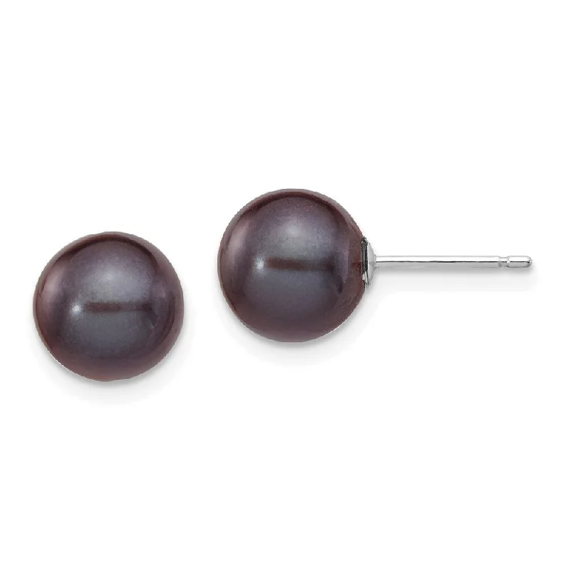 Diffracted crystal earrings-14k White Gold Black Round Cultured Pearl Stud Earrings (L-8 mm, W-9 mm)