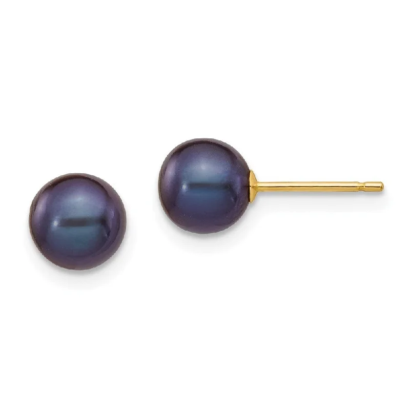 Smooth-cut earrings-14k Yellow Gold Black Round Cultured Pearl Stud Earrings (L-6 mm, W-7 mm)