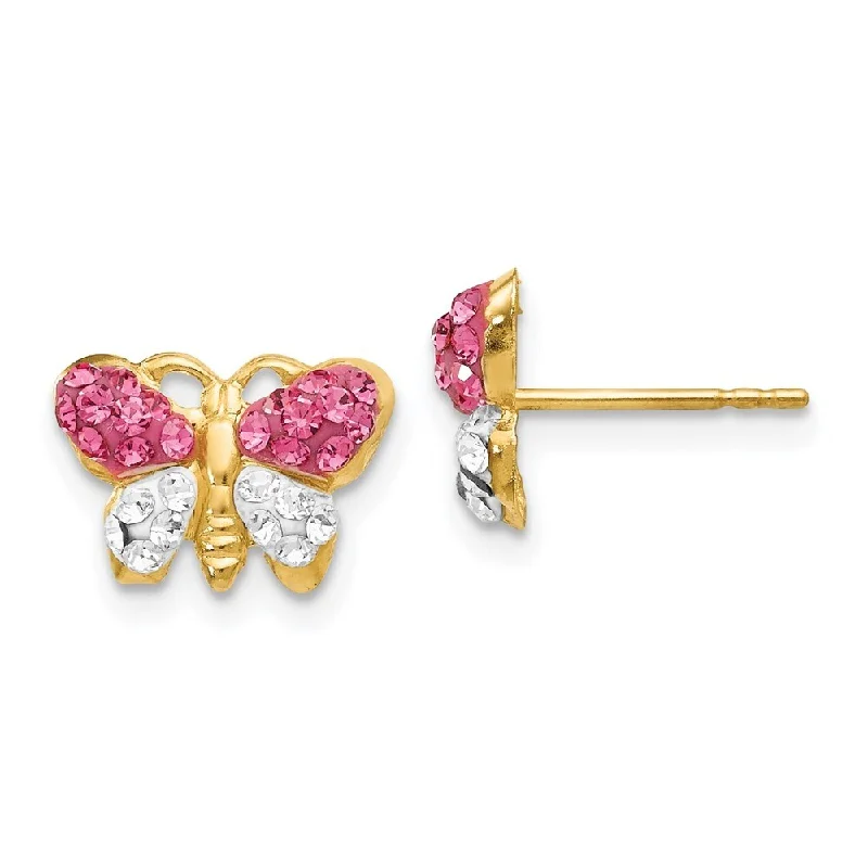 Flower-bud earrings-14k Yellow Gold Pink White Crystal Butterfly Stud Earrings (L-7 mm, W-11 mm)