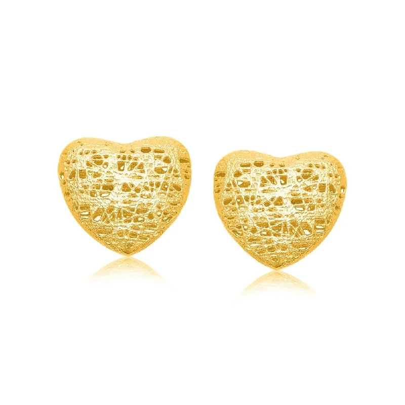 Vivid emerald earrings-14k Yellow Gold Puffed Heart Motif Lace Stud Earrings