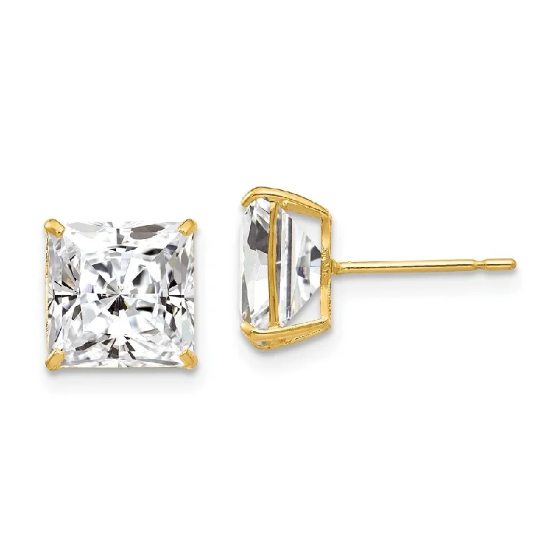 Flower-bud earrings-14k Yellow Gold Square CZ Stud Earrings (L-9 mm, W-9 mm)