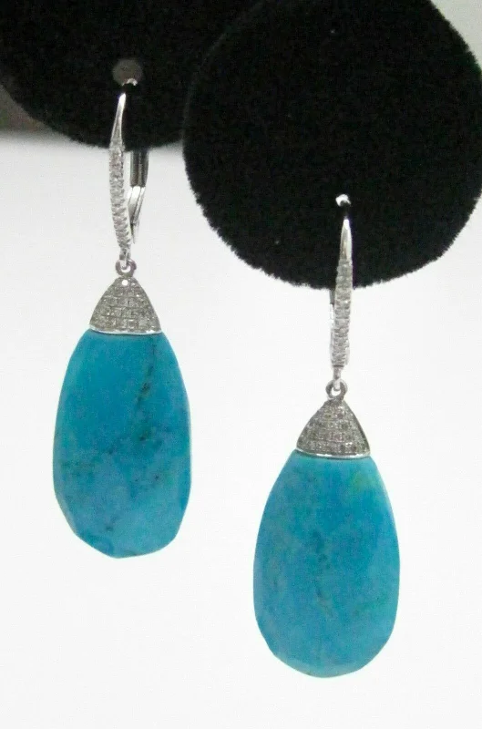 Satin granite earrings-19.04 TCW Natural Elongated Oval Turquoise Diamonds Dangling Earrings 14K W-Gold