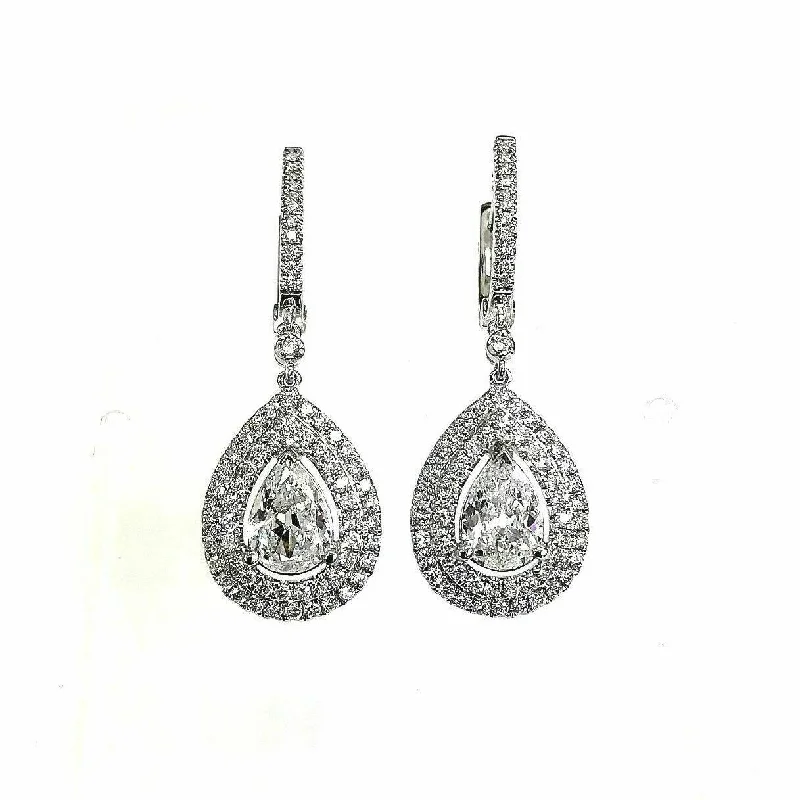 Broad hoop earrings-2.35 Carats t.w. Double Halo Diamond Dangle Hinge Earrings 18K 1.45 Pear Centers