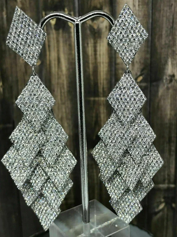 Carved gem earrings-23.20Ct. F/G VVS 18k White Gold Multi Layer Chandelier Dangling Diamond Earrings