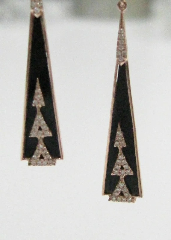 Rich moonstone earrings-.24 TCW Natural Elongated BLACK ONYX Diamond Dangle Earrings 14kt Rose Gold