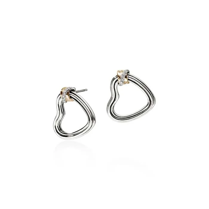 Ridge motif earrings-John Hardy Bamboo Heart Hoops with Diamonds in Sterling Silver and 14K Yellow Gold