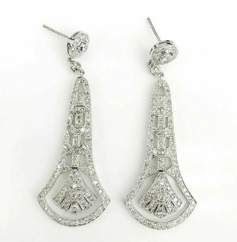 Striated edge earrings-3.02 ct Diamond Dangle Drop Vintage Earrings in 18K White Gold