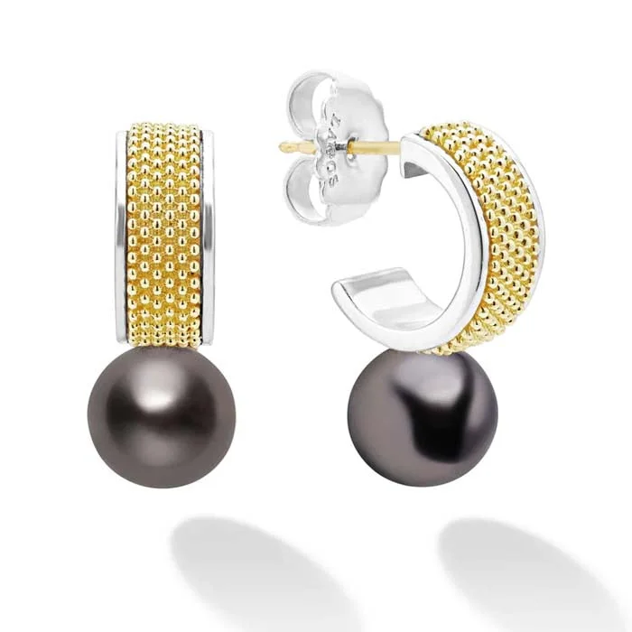 Extended gem earrings-LAGOS Two-Tone Tahitian Pearl Hoop Earrings in Sterling Silver and 18K Yellow Gold