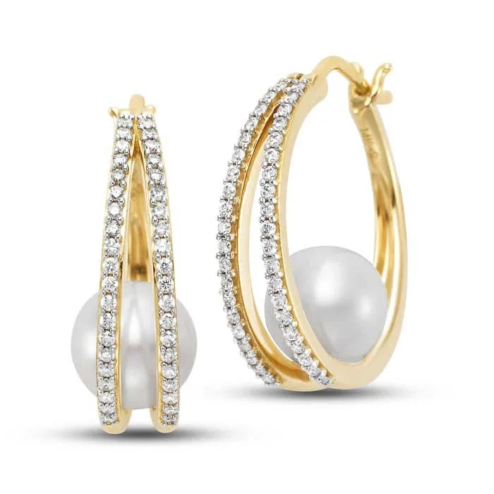 Peaked band earrings-Mastoloni 7.5-8mm Freshwater Cultured Pearl and Diamond Oval Double Hoop Earrings in 14K Yellow Gold