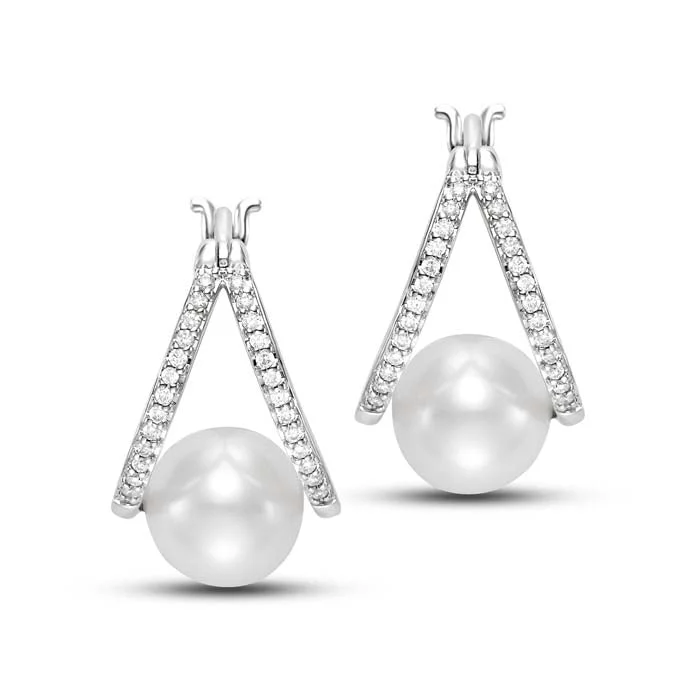 Lone pearl earrings-Mastoloni 8-8.5MM Pearl and Diamond Hoop Earrings in 14K White Gold