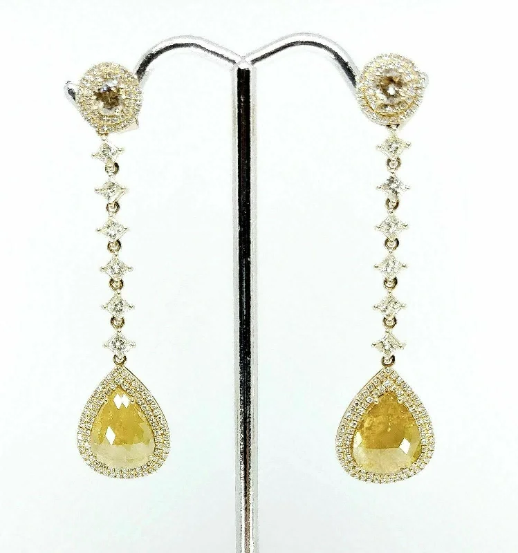 Shiny gold earrings-6.65 TCW Diamond Pear Dangle Earrings w/ Champagne Solitaire 14K Yellow Gold