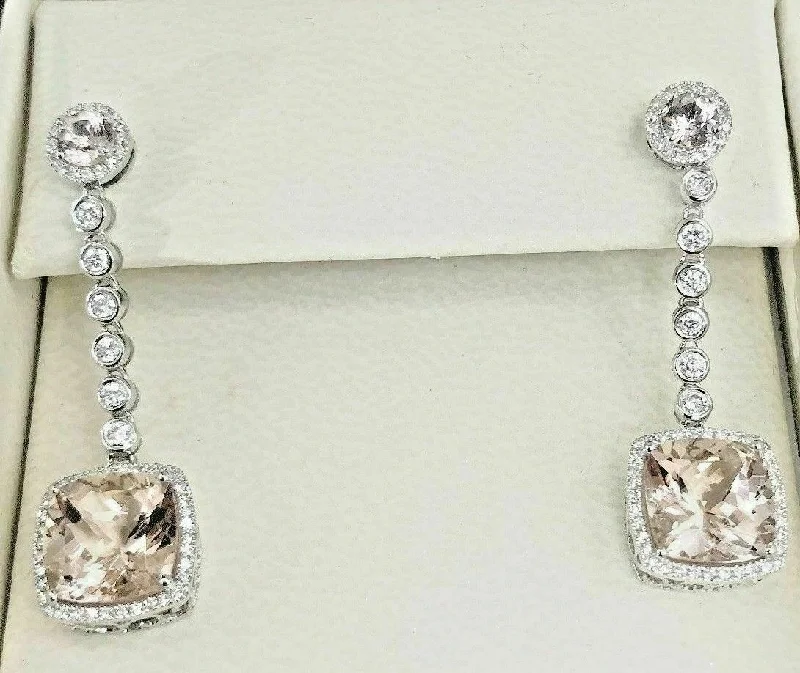 Shimmering quartz earrings-6.65 tcw Margonite Cushion Drop Earrings Halo Diamond Dangling in 14K White Gold