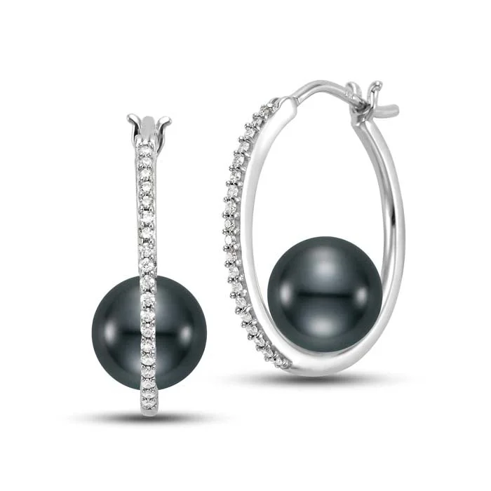 Delicate weave earrings-Mastoloni 8.5-9MM Tahitian Pearl and Diamond Hoop Earrings in 14K White Gold