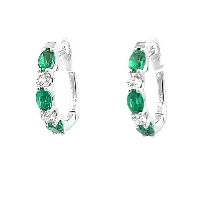 Glimmering drop earrings-Mountz Collection Oval Emerald and Diamond Hinged Hoop Earrings in 14K White Gold