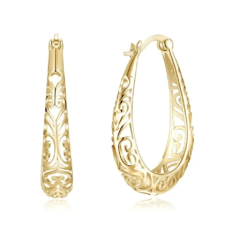 Droplet earrings-925 Sterling Silver 30mm Gold Oval Filigree Hoop Earrings