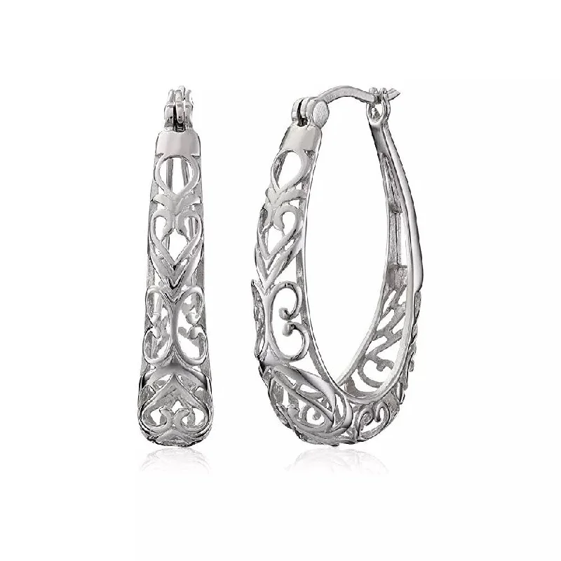 Glossy moonstone earrings-925 Sterling Silver 30mm Oval Filigree Hoop Earrings