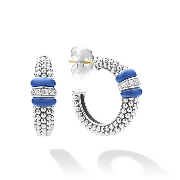 Stem-twist earrings-LAGOS Ultramarine Blue Ceramic Caviar Diamond Hoop Earrings in Sterling Silver